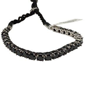 Black Round Crystal Tennis Cord Bangle Bracelet Silver Tone Minimalist Events